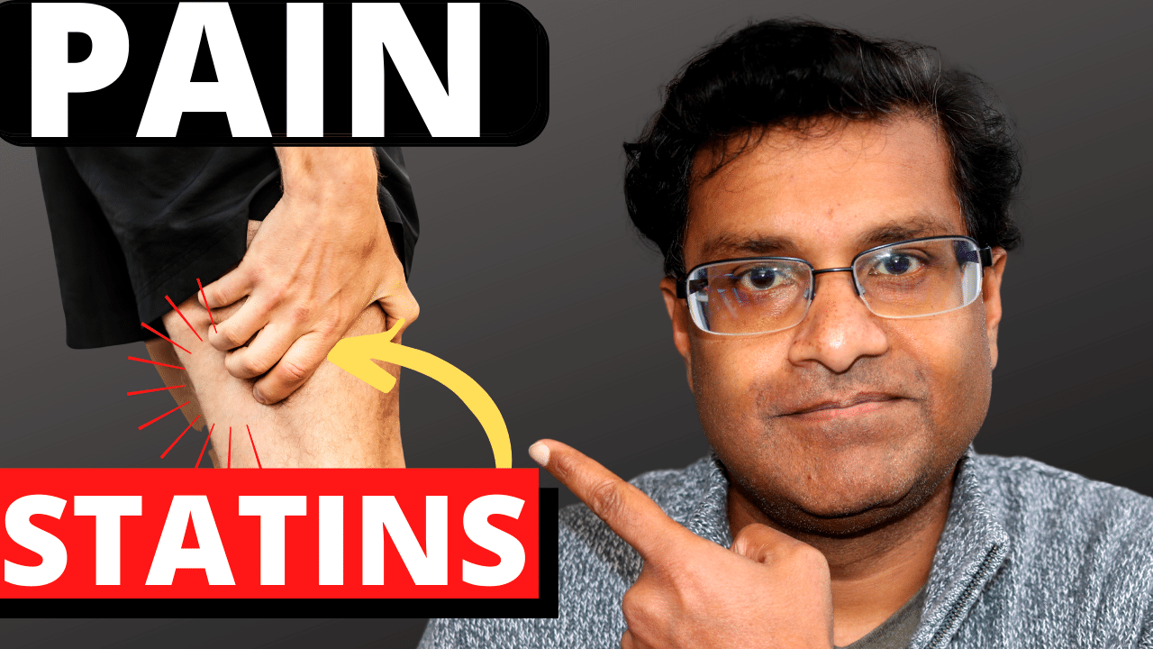 Man pointing to words pain and statins