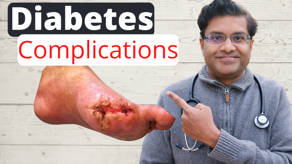 man pointing to words diabetes complications