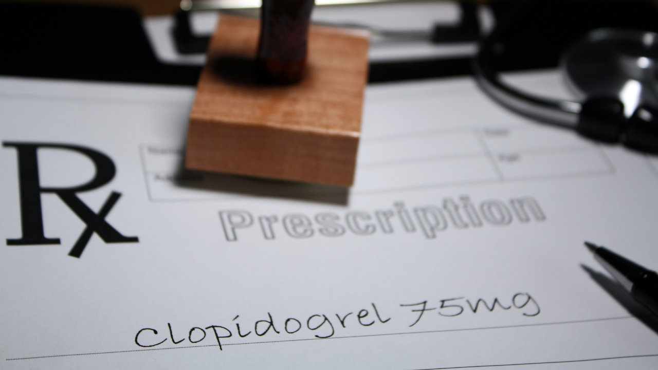 Prescription pad with words clopidogrel 75mg