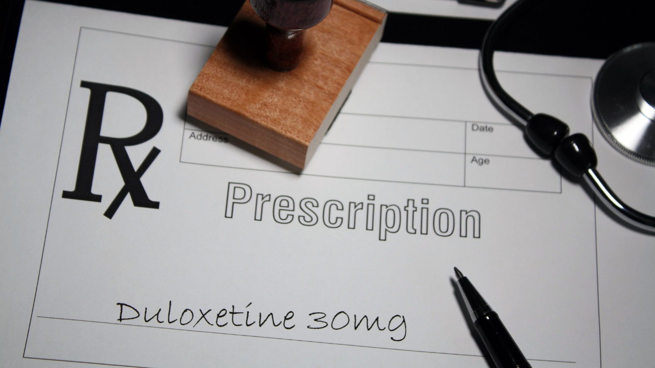 Prescription pad with words Duloxetine 30mg