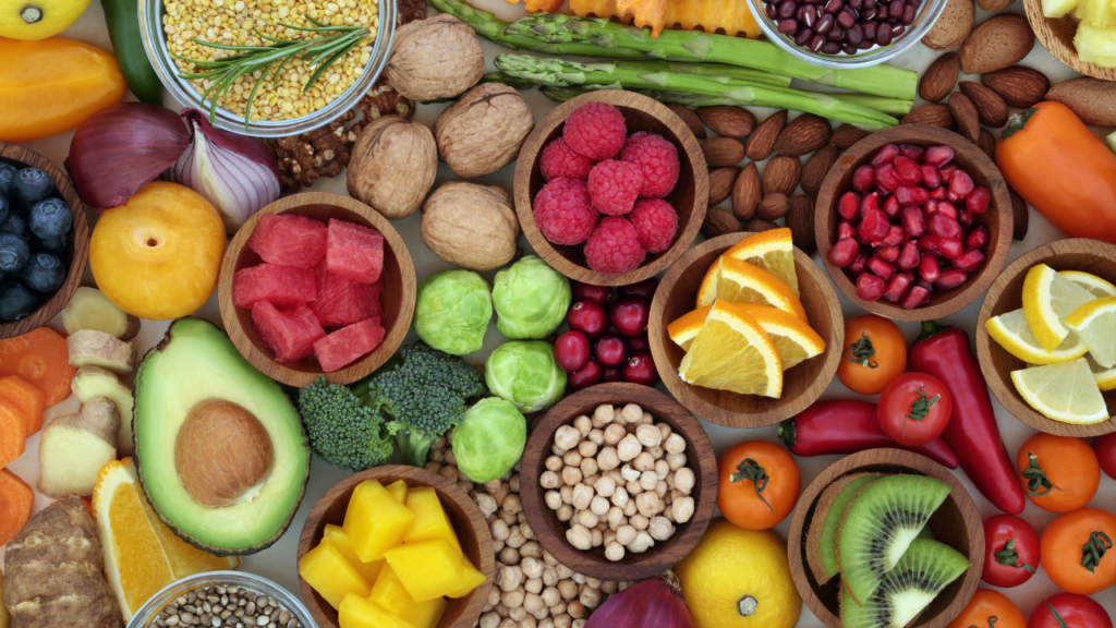 variety of health food pictured from above