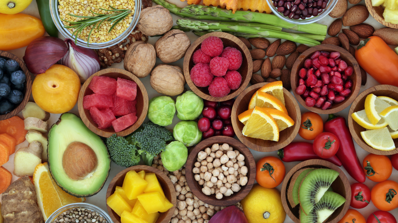 variety of health food pictured from above