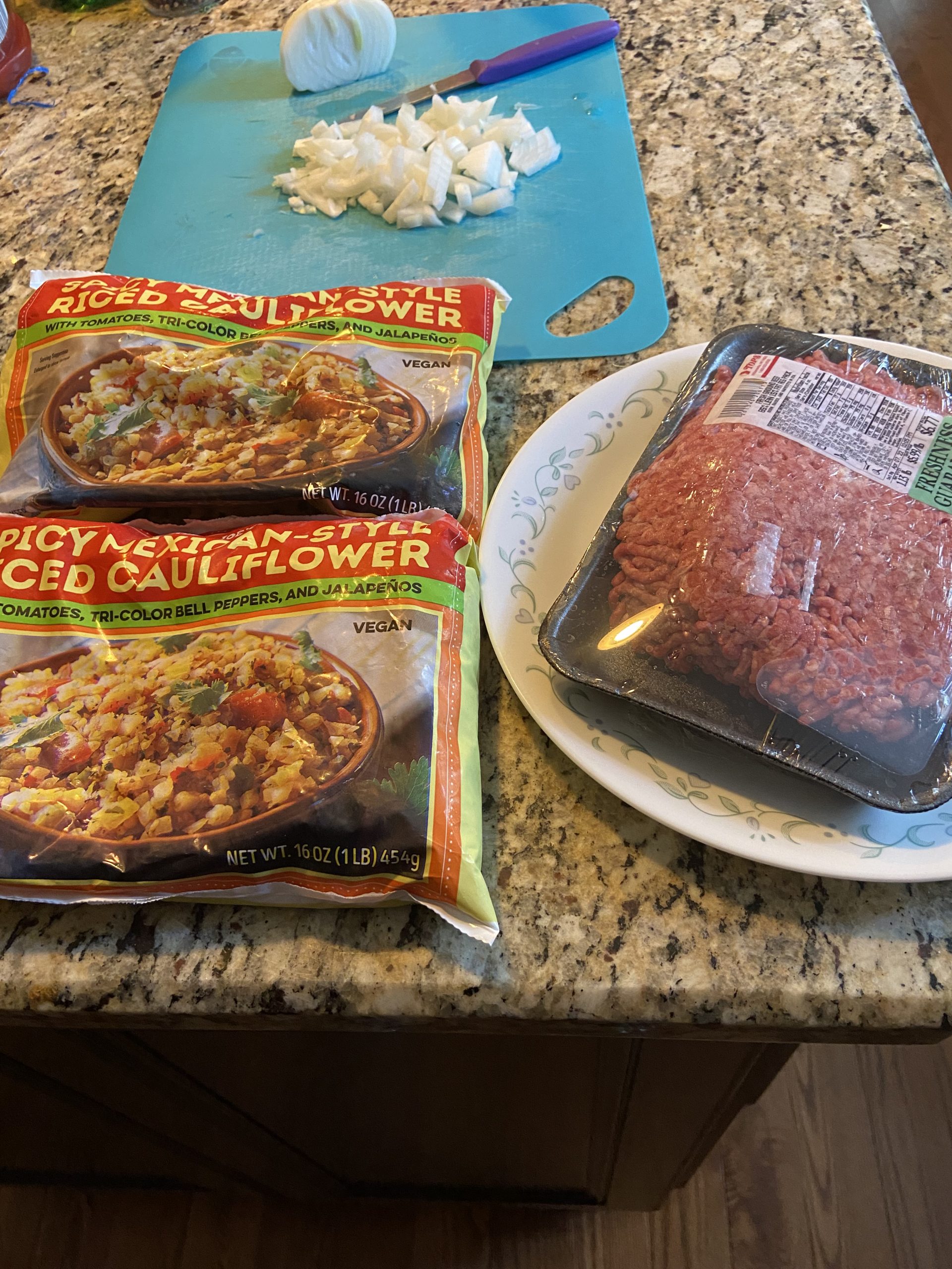 frozen packet of cauliflower and packed mince meat