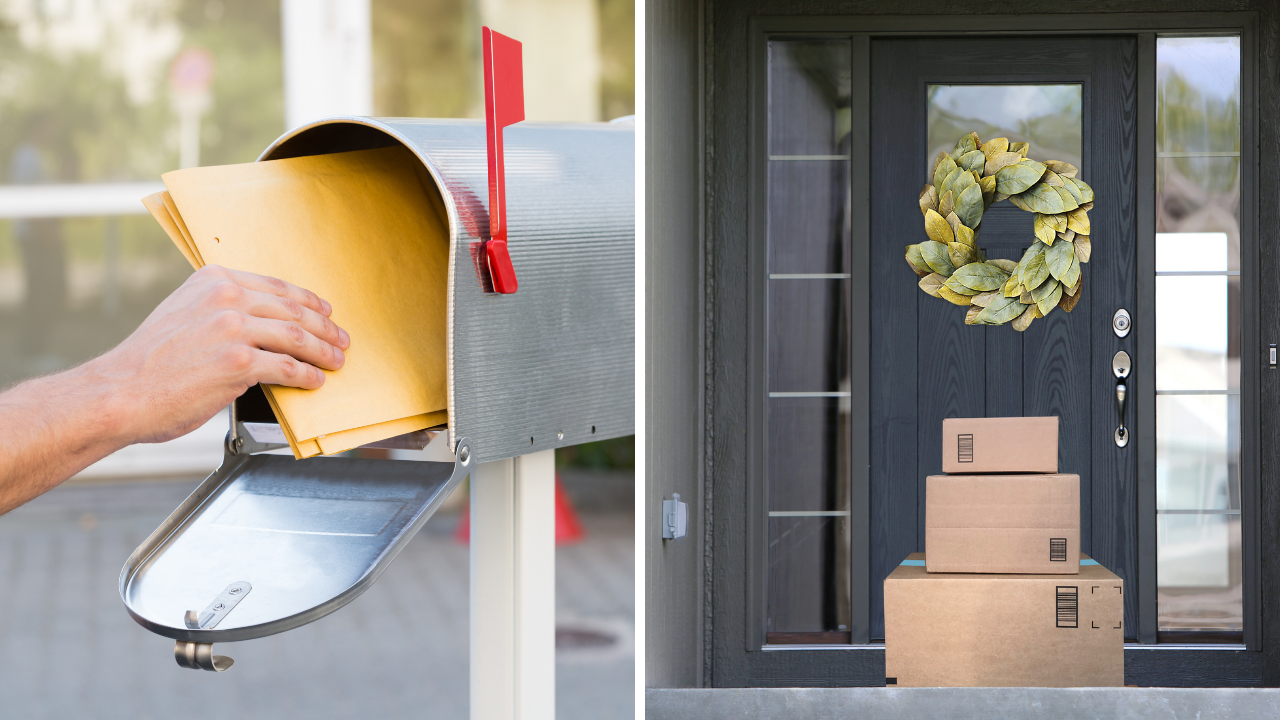 mail in a mailbox with boxes outside front door.