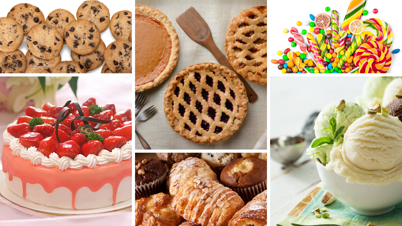 collage of high sugar foods