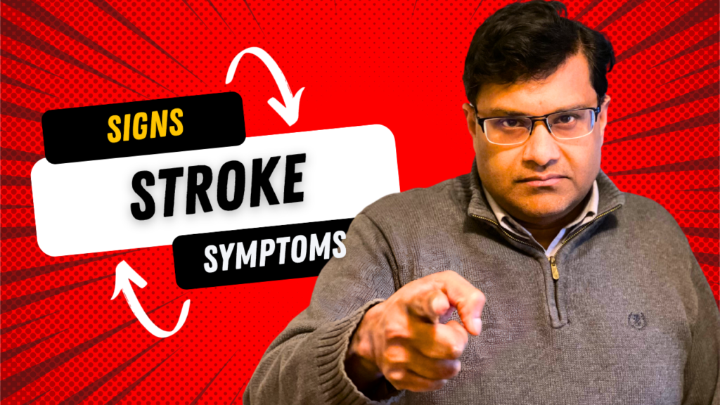 Man Pointing with words signs and symptoms of stroke