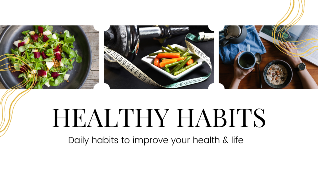 words depicted with healthy habits with picture of salad weight and health breakfast