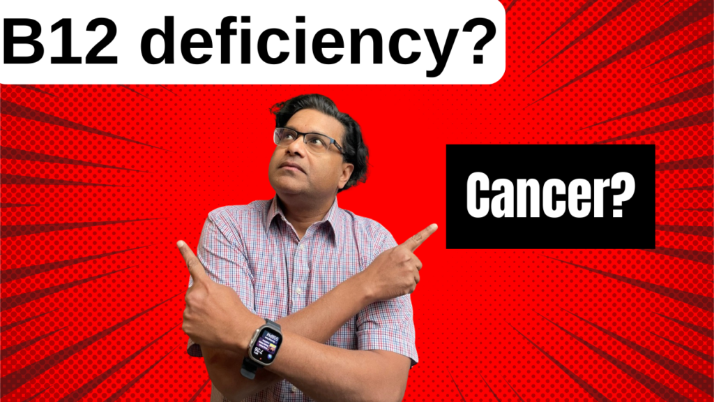 man pointing to words B12 deficiency and cancer