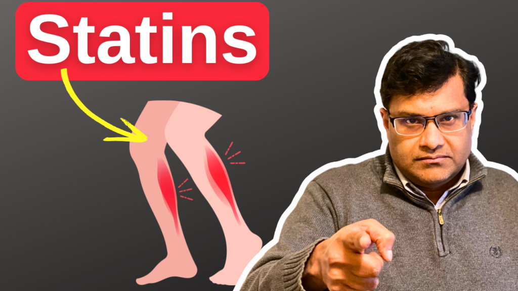 Man pointing with word statins and graphic of muscle injury